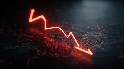 bold red downward sloping arrow on dark grid background with subtle data points dramatic glow financial crisis concept illustration concept scene visual for commercial design use high detail quality