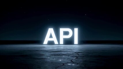 A glowing neon API text stands on a cracked concrete surface in a dark environment, representing the concept of software development, data integration, and digital technology - Powered by Adobe