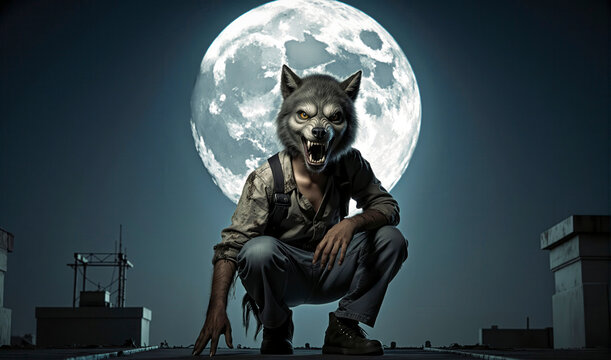 Hombre lobo sentado frente a la luna llena en atm&oacute;sfera oscura y fant&aacute;stica