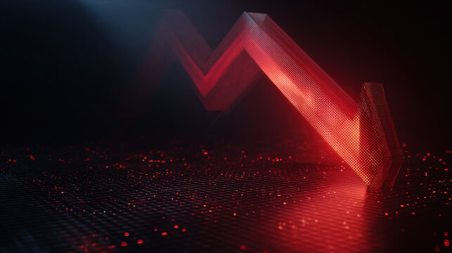 bold red downward sloping arrow on dark grid background with subtle data points dramatic glow financial crisis concept illustration concept scene visual for commercial design use high detail quality