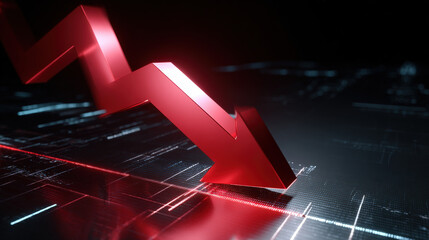 bold red downward sloping arrow on dark grid background with subtle data points dramatic glow financial crisis concept illustration concept scene visual for commercial design use high detail quality