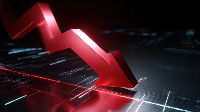 bold red downward sloping arrow on dark grid background with subtle data points dramatic glow financial crisis concept illustration concept scene visual for commercial design use high detail quality