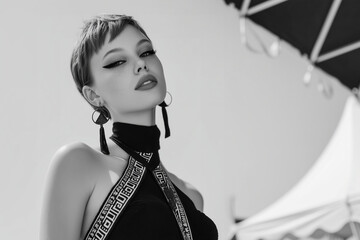 Stylish woman with short haircut and bold eyeliner wearing halter dress and hoop earrings, black and white fashion portrait with confident pose and modern editorial elegance
