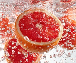 Fresh cut grapefruit splashing into water with leaves, high-speed capture showing juicy flesh against white background, for juice advertising design.