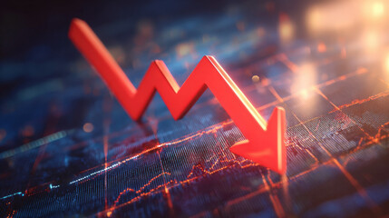 bold red downward sloping arrow on dark grid background with subtle data points dramatic glow financial crisis concept illustration concept scene visual for commercial design use high detail quality