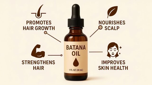 A bottle of batana oil with a dropper is shown with icons and text explaining its beauty benefits for hair and skin, a concept for natural cosmetic product infographics