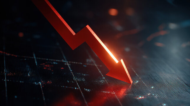 bold red downward sloping arrow on dark grid background with subtle data points dramatic glow financial crisis concept illustration concept scene visual for commercial design use high detail quality