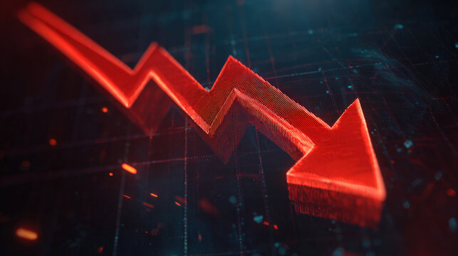 bold red downward sloping arrow on dark grid background with subtle data points dramatic glow financial crisis concept illustration concept scene visual for commercial design use high detail quality