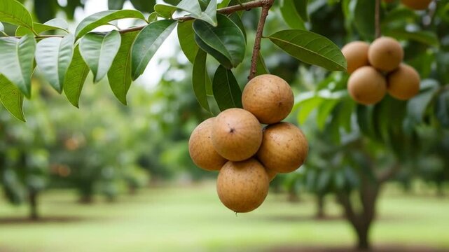 Close-up of a cluster of ripe sapodilla fruits hanging from a tree branch in a tropical orchard with blurred background.