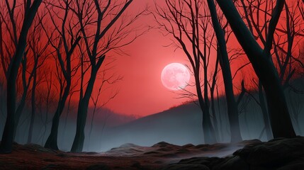 A dark and eerie forest with crooked, bare trees and a swirling mist on the ground. A full moon hangs in a blood-red sky