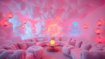Whimsical Candy-Inspired Room Interior Featuring Marshmallow Walls and Cotton Candy Textures with Soft Rounded Shapes in Pastel Pink and White Dreamlike Fantasy Design Aesthetic.
