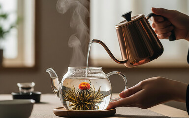 A hand pours hot water from a gooseneck kettle into a glass teapot, where a beautiful flowering tea ball is blooming, a serene and elegant tea ceremony.
