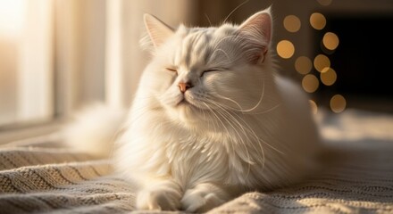 Contented fluffy white cat basking in the warm golden glow of sunlight, resting peacefully with its eyes closed on a cozy knit blanket indoors