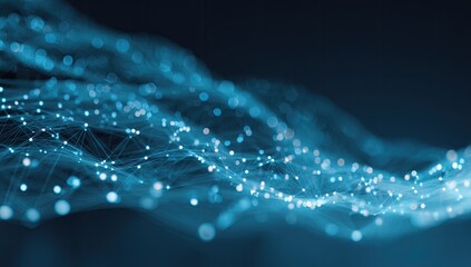 Abstract network of glowing points and lines, flowing in waves on dark background