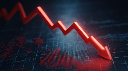 bold red downward sloping arrow on dark grid background with subtle data points dramatic glow financial crisis concept illustration concept scene visual for commercial design use high detail quality