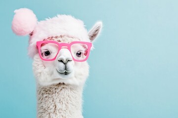 Fototapeta premium Adorable alpaca wearing pink glasses and hat against a soft blue background looking stylish and cute