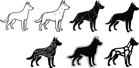 Stylish dog silhouette collection, various dog breeds in geometric, artistic, and simple designs, silhouette style dog illustrations.