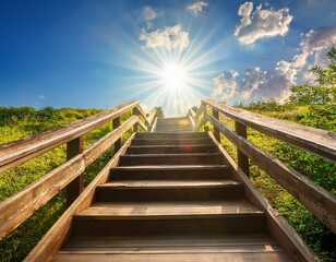 sunlight bathes a wooden staircase ascending into a bright sky summer upward