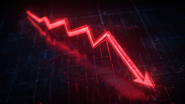 bold red downward sloping arrow on dark grid background with subtle data points dramatic glow financial crisis concept illustration concept scene visual for commercial design use high detail quality