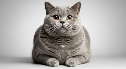 A classic portrait of a purebred British Shorthair cat with a plush blue-grey coat, intense amber eyes, and distinct whiskers, resting regally