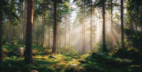 Fototapeta premium Sunbeams piercing a misty forest