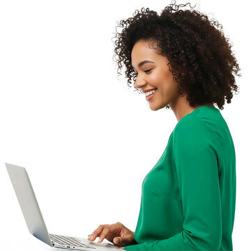 Smiling african american woman using laptop computer isolated on transparent background
