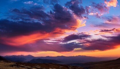 Fototapeta premium dramatic cloudscape landscape with colorful sky and distant mountains