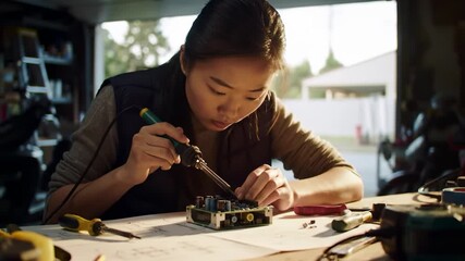 Young woman diligently working on electronics project with soldering iron in garage workshop