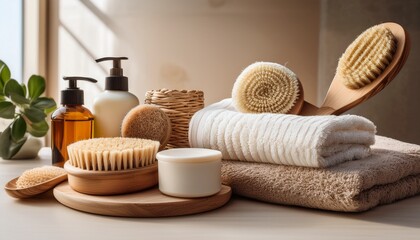 spa day essentials body brushes soft towels and natural toiletries
