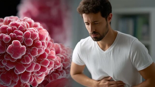 Disease and Discomfort: A realistic depiction of cellular structure juxtaposed with an image of a person experiencing internal discomfort. A visual representation of potential health issues.