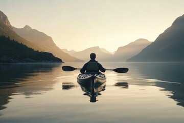 Solo kayaker glides across serene lake towards misty mountains at dawn's golden light