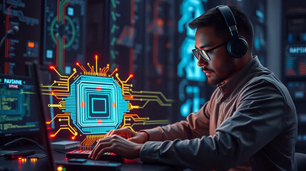 Quantum firmware engineer coding with glowing chip diagram hologram in foreground