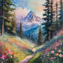 Surreal painting of mountains, trees, and flowers in swirling pastel colors, creating a magical, dreamy landscape with whimsical, ethereal vibes, perfect for fantasy and nature-inspired art.