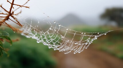 A close-up of a spider web covered in dewdrops on a foggy morning