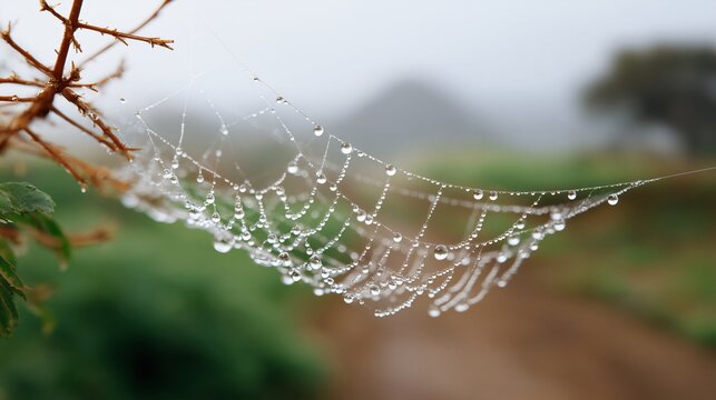 A close-up of a spider web covered in dewdrops on a foggy morning - Powered by Adobe