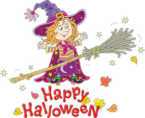 Happy little Halloween witch and her magical flying broom, vector cartoon illustration isolated on a white background