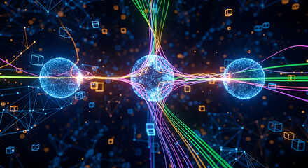 3D design technology. Dynamic glowing data network visualization with interconnected spheres and vibrant lines, perfect for tech and innovation concepts