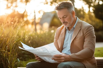 Experienced architect reviews blueprints outdoors during golden hour, planning future projects with focus