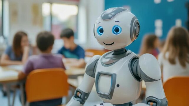 A friendly robot stands in front of children engaged in a collaborative learning activity at school.