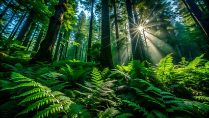 Angled View of Green Ferns in a Dense Pacific Forest, with Sharp Sunlight Filtering Through the Canopy