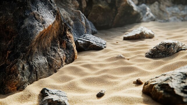 A serene sandy landscape with scattered rocks, illuminated softly, creating a tranquil natural scene.
