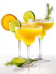 Fototapeta premium Refreshing citrus cocktails with lime and orange garnishes in elegant glasses, perfect for summer gatherings.