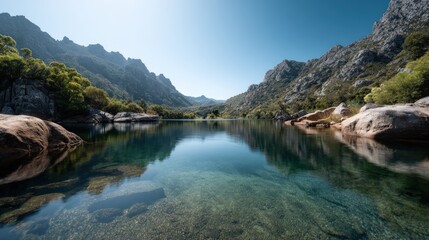 A serene mountain lake, reflecting the surrounding peaks and lush greenery, displays tranquil beauty under a bright sky.