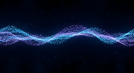 Technology data visualization with glowing blue and purple dots and lines representing digital information flow in cyberspace