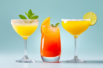 Fototapeta premium Three colorful cocktails with vibrant garnishes, perfect for summer gatherings and celebrations.