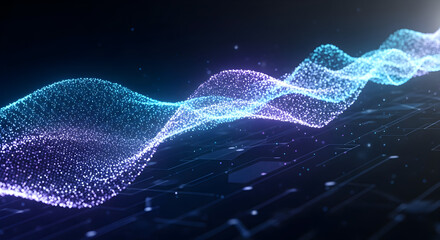 Technology data visualization with glowing blue and purple dots and lines representing digital information flow in cyberspace