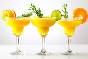 Fototapeta premium Three vibrant margaritas with fresh garnishes, perfect for summer gatherings and festive occasions.