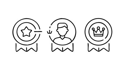 Vector art of line art illustration of award badges with star, person, and crown symbols, perfect for achievement and recognition concepts