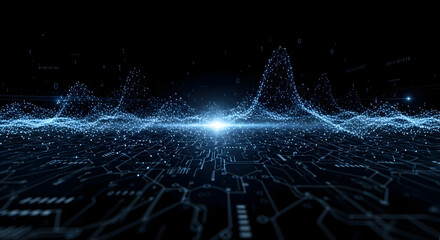 3D data visualization with flowing digital network connecting points, perfect for tech concepts. Wave technology