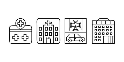 Vector art of line art illustration of hospital buildings, ambulance parking, and medical facilities, perfect for healthcare and urban planning projects